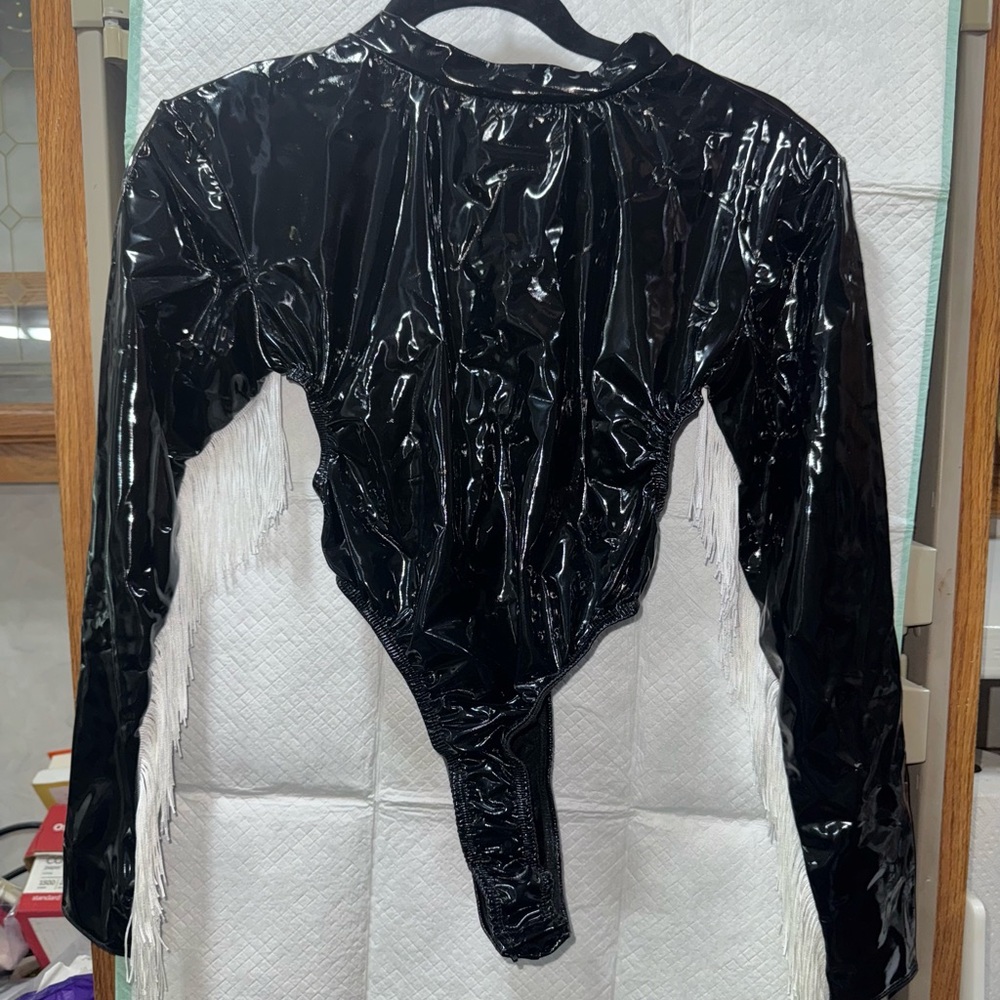Men’s Kennie Mas Black Shiny Long Sleeve Bodysuit with Fringe